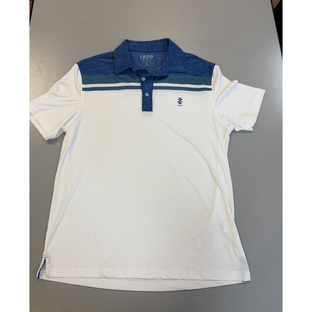 IZOD Golf Polo Men's Medium White/Blue Stretch Short sleeve